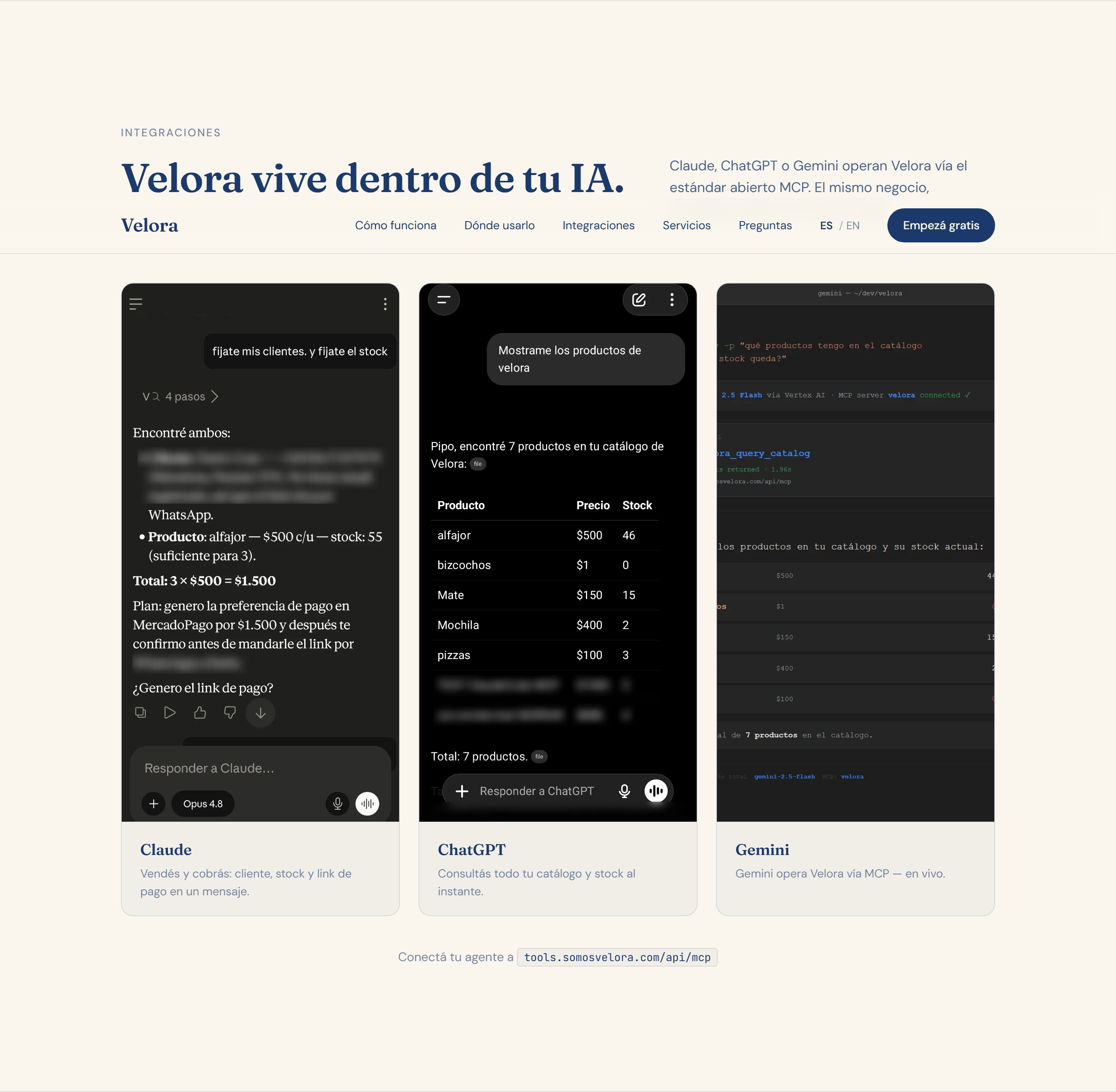 Velora's product: Claude, ChatGPT and Gemini each operating the same business over MCP — selling, reading the live catalog with prices and stock, and generating a payment link.