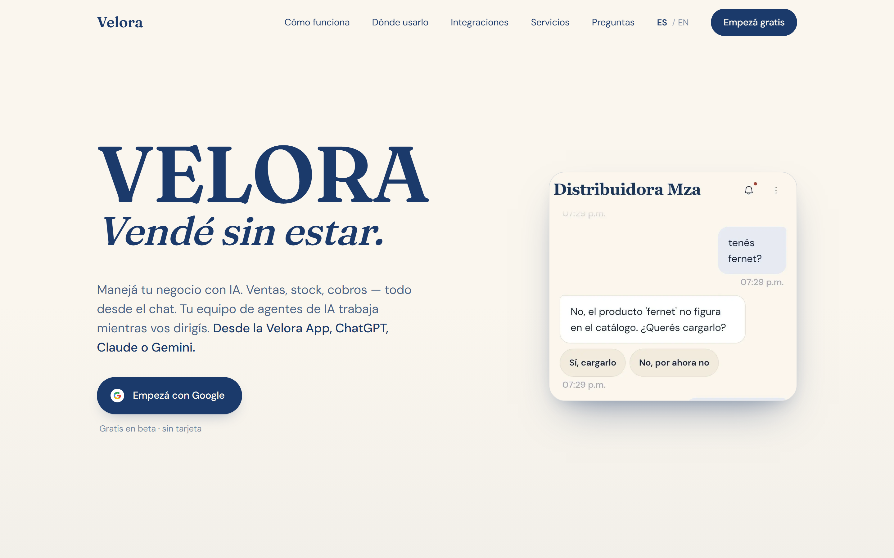 Velora landing page: a chat-first commerce assistant answering a customer about catalog stock in real time.