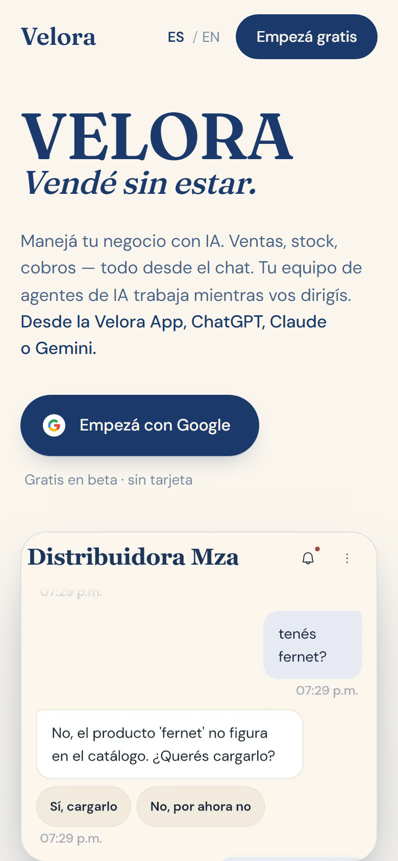 Velora on mobile: the same chat-first commerce assistant, responsive on a phone.